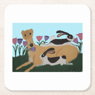 Greyhound with bunnies square paper coaster