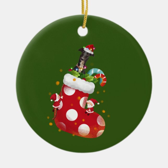 Greyhound With Hat LIGHTS Christmas Ceramic Tree Decoration (Front)