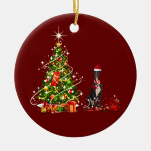 greyhound With Hat Scaft Christmas Ceramic Tree Decoration