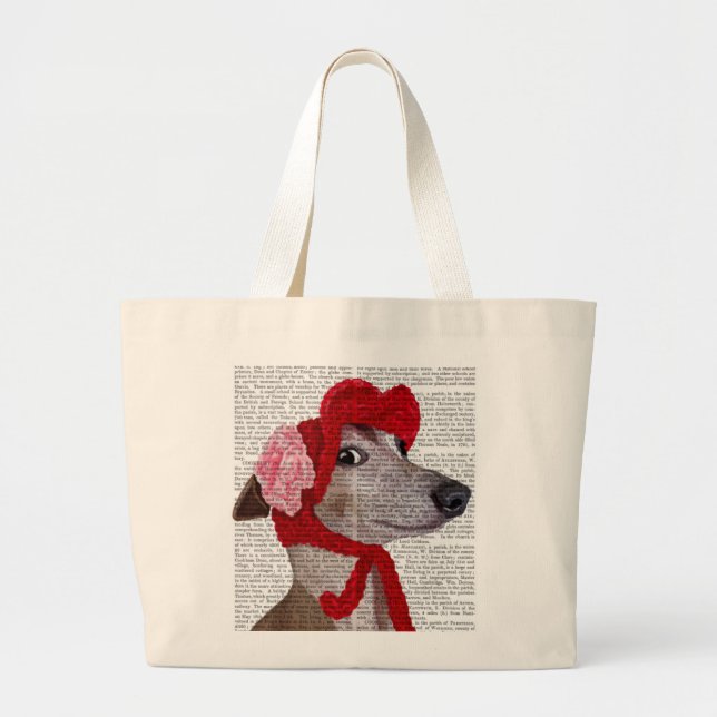 Greyhound with Red Woolly Hat 2 Large Tote Bag (Front)