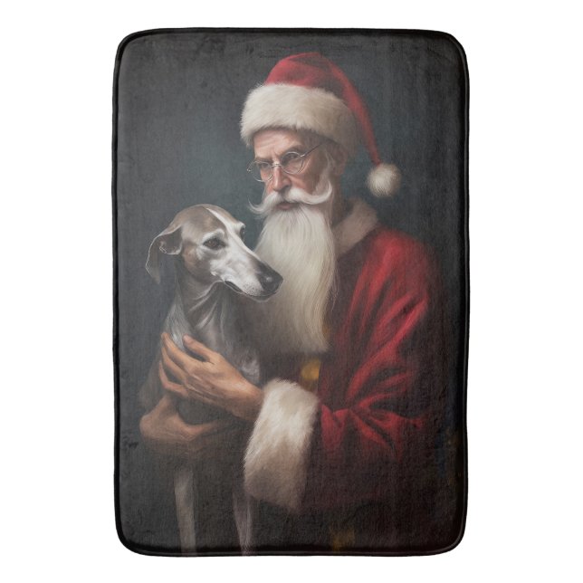 Greyhound With Santa Claus Festive Christmas Bath Mat (Front Vertical)
