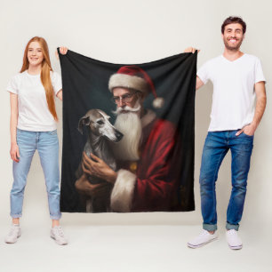 Greyhound With Santa Claus Festive Christmas Fleece Blanket