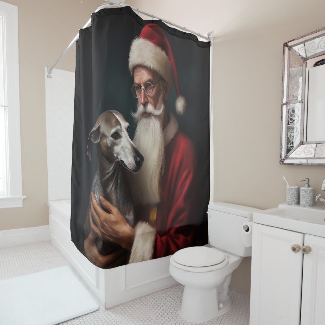 Greyhound With Santa Claus Festive Christmas Shower Curtain (In Situ)