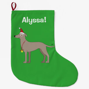 Greyhound with Santa Hat and Christmas Bell Large Christmas Stocking
