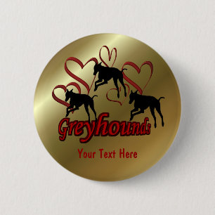 Greyhounds And Red Hearts Dog Button
