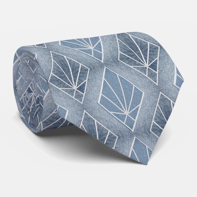 Greyish blue white diamonds Art Deco pattern Tie (Rolled)