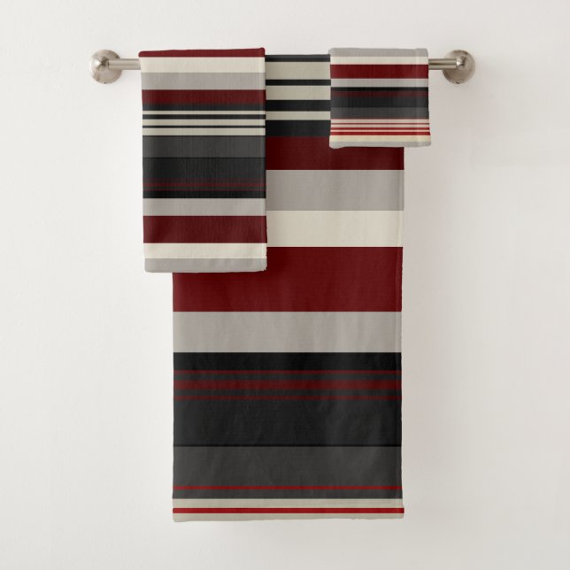 Greys and reds stripes throw pillow bath towel set (Insitu)