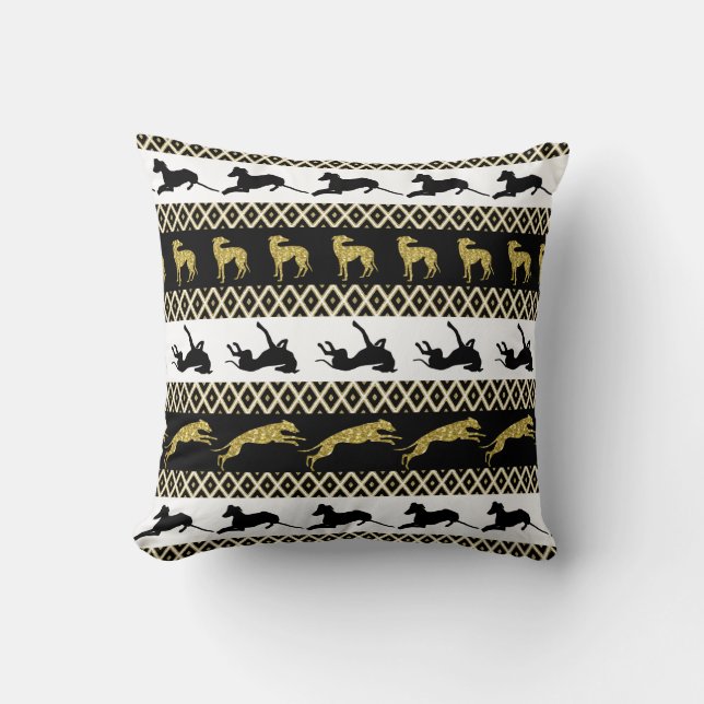 Greyt Greyhound Monochrome and Gold Diamonds Cushion (Front)