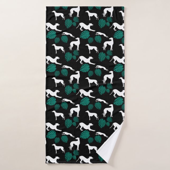 Greyt Greyhound Silhouettes with Monstera Leaves Bath Towel (Bath Towel)