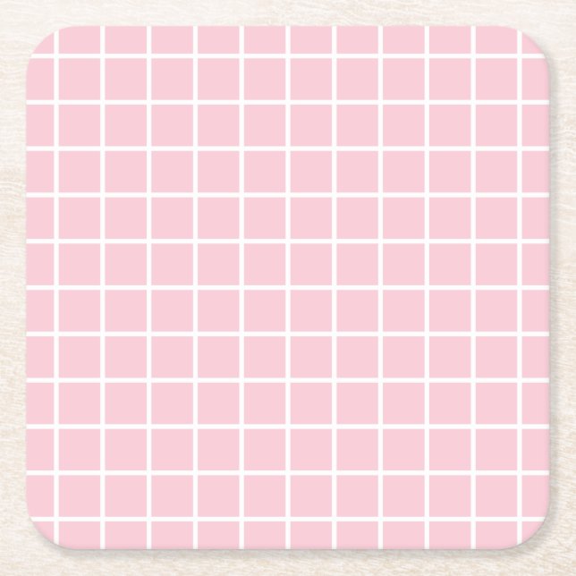 Grid Baby Pink And White Minimalist Check Square Paper Coaster (Front)