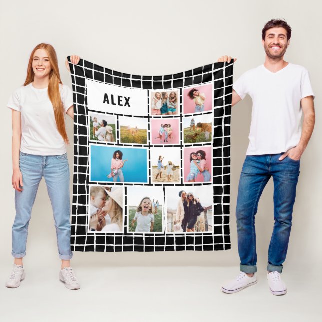 Grid black white 12 photo modern minimal abstract  fleece blanket (In Situ)