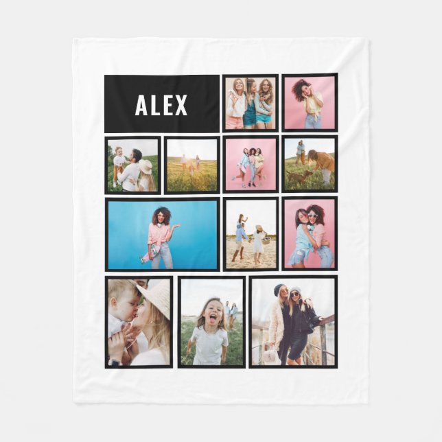 Grid black white 12 photo modern minimal abstract  fleece blanket (Front)