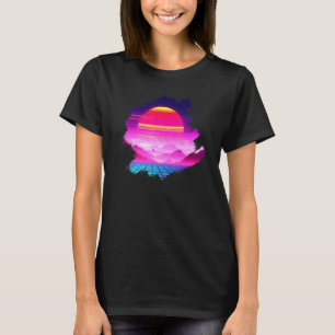 Grid Mountains Sunset Over Canyon Synthwave Landsc T-Shirt