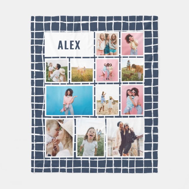 Grid navy blue 12 photo modern minimal abstract fleece blanket (Front)