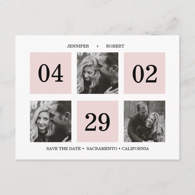 Grid Photo Collage | Blush Pink | SAVE THE DATE Announcement Postcard (Front)