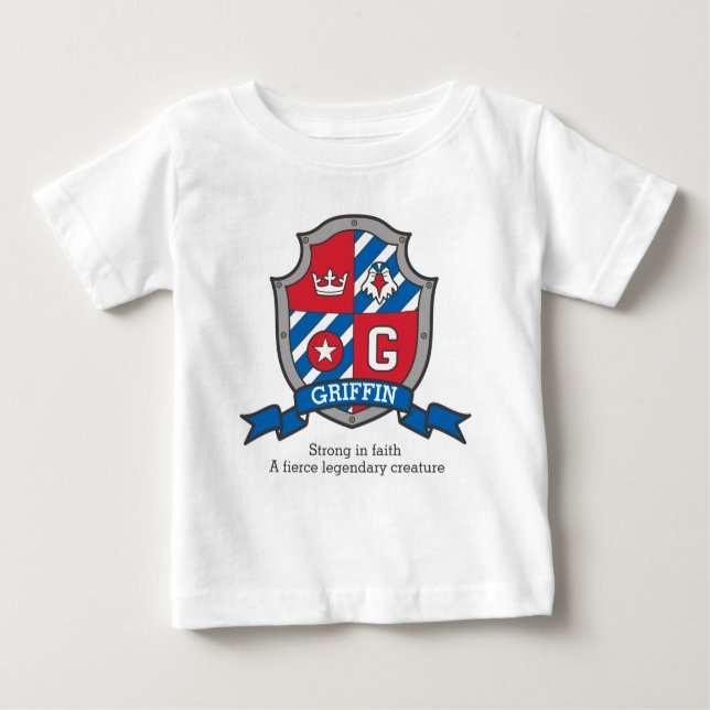 Griffin boys name meaning letter G knights shield Baby T-Shirt (Front)