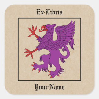 Griffin Rampant Purpure Bookplate Square Sticker