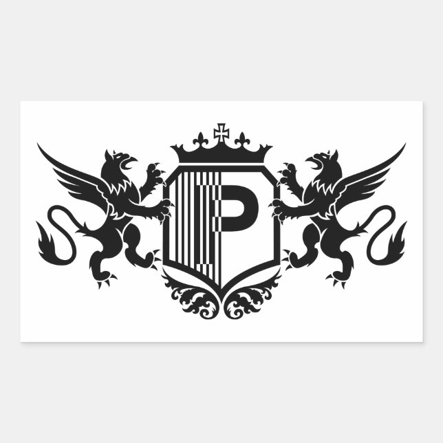 Griffins flanking a shield with the letter "P" Rectangular Sticker (Front)