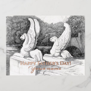 Griffins sculpture monochrome foil holiday postcard