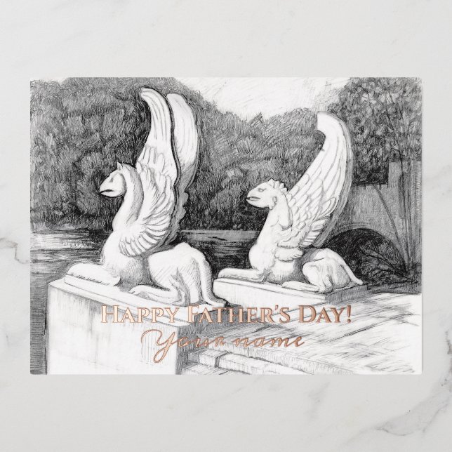 Griffins sculpture monochrome foil holiday postcard (Front)