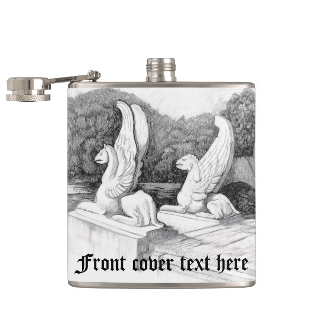 Griffins sculpture monochrome pencil Art Hip Flask (Opened)