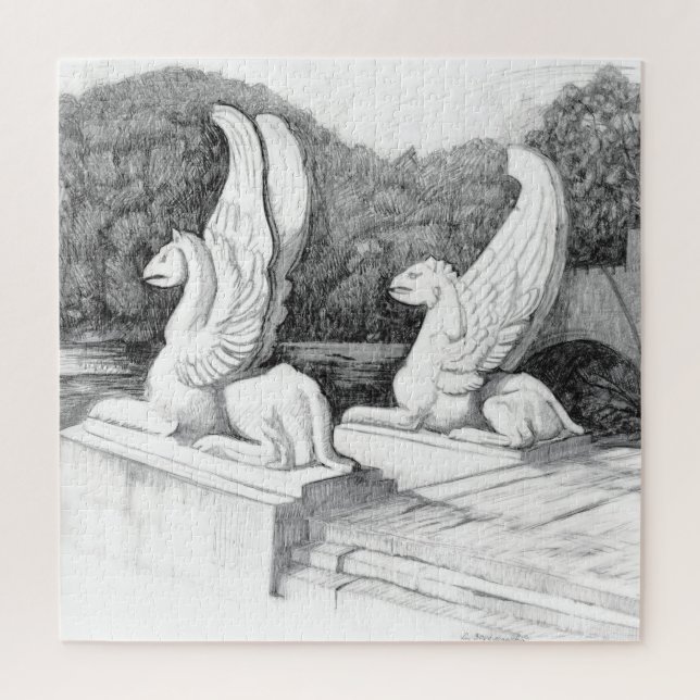 Griffins sculpture monochrome pencil Art Jigsaw Puzzle (Vertical)