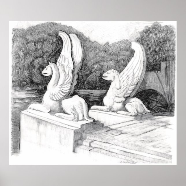 Griffins sculpture monochrome pencil Art Poster (Front)