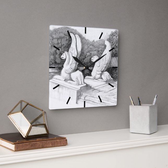 Griffins sculpture monochrome pencil Art Square Wall Clock (Office)
