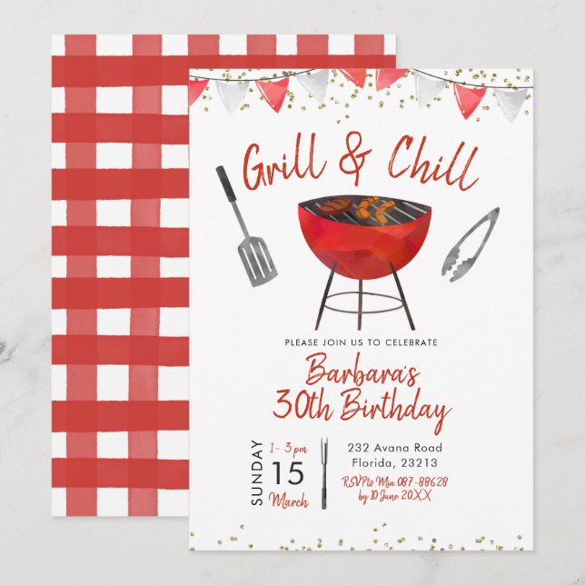 Grill and Chill Adult Birthday Invitation (Front/Back)