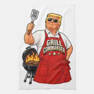 Grill Commander Barbecue Red Apron Tea Towel