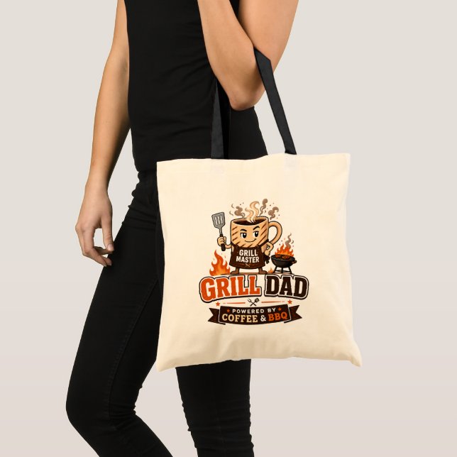 Grill Dad Powered By Coffee And BBQ Funny Dad Tote Bag (Front (Product))