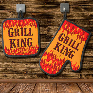Grill King Red Flames Cookout BBQ Saying  Oven Mitt & Pot Holder Set