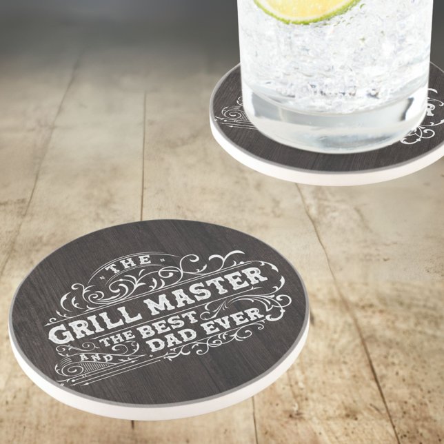 Grill Master and Best Dad Ever Fathers Day Black Coaster (In situ)