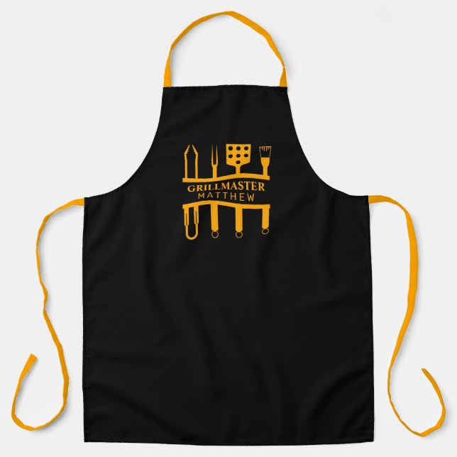 Grill Master fathers day black orange text classic Apron (Front)