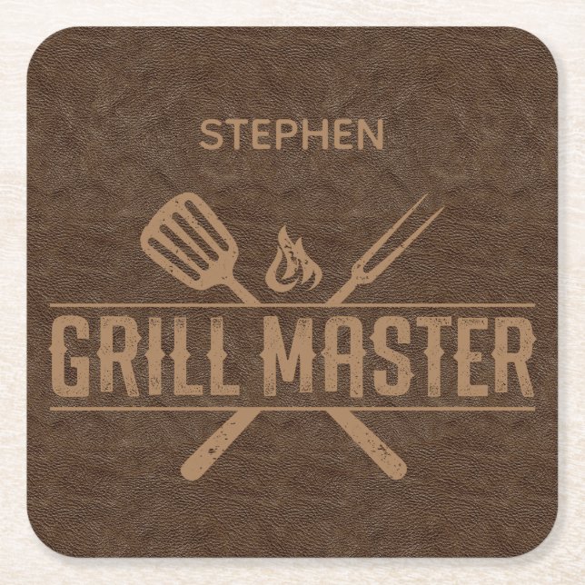 Grill Master Faux Leather  Square Paper Coaster (Front)