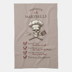 Grill Master Skully - Vintage Skull Illustration Tea Towel