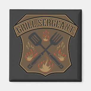 Grill Sergeant Badge Design with Spatula and Fork Magnet