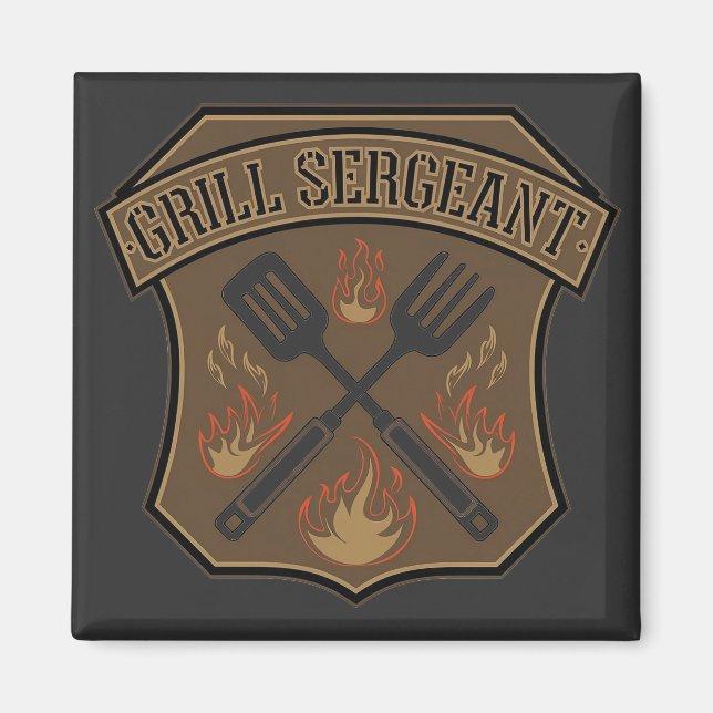 Grill Sergeant Badge Design with Spatula and Fork Magnet (Front)