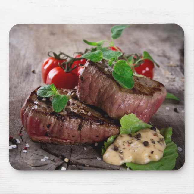 Grilled bbq steaks with fresh herbs and tomatoes mouse pad (Front)