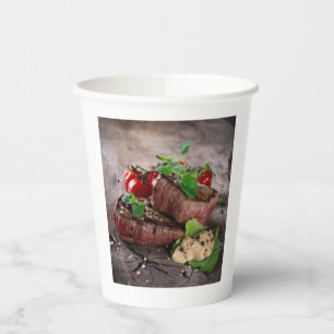 Grilled bbq steaks with fresh herbs and tomatoes paper cups