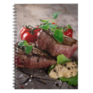 Grilled bbq steaks with fresh herbs and tomatoes spiral notebook