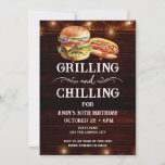 Grilling and Chilling BBQ 30th Birthday Invitation<br><div class="desc">Grilling and Chilling Birthday Invitations. Easy to personalise. All text is adjustable and easy to change for your own party needs. String lights rustic background elements. Fun Chalkboard swirls and flourishes. Watercolor hamburger and hotdog graphics. Invitations for him. Bar or backyard BBQ birthday design. Any age, just change the text....</div>