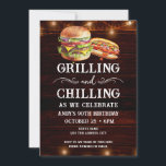 Grilling and Chilling BBQ 90th Birthday Invitation<br><div class="desc">Grilling and Chilling Birthday Invitations. Easy to personalise. All text is adjustable and easy to change for your own party needs. String lights rustic background elements. Fun Chalkboard swirls and flourishes. Watercolor hamburger and hotdog graphics. Invitations for him. Bar or backyard BBQ birthday design. Any age, just change the text....</div>