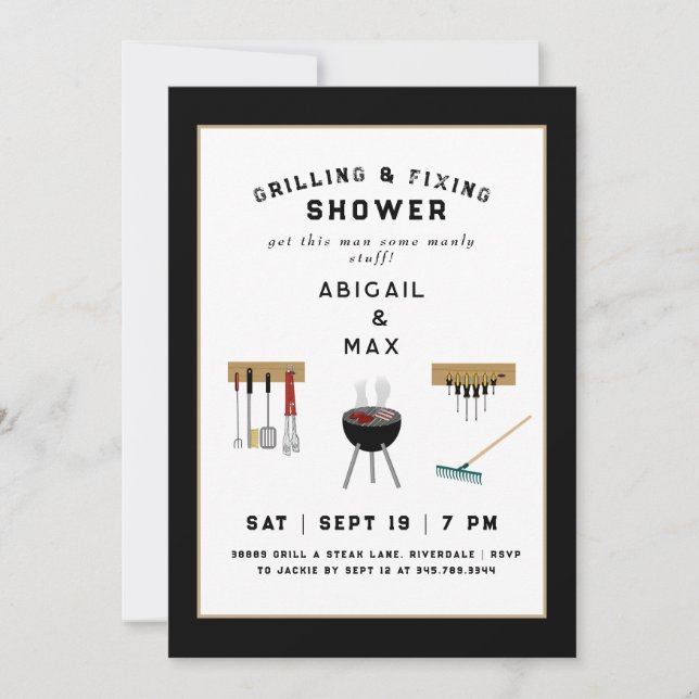 Grilling & Fixing Couples Black Shower Invitation (Front)