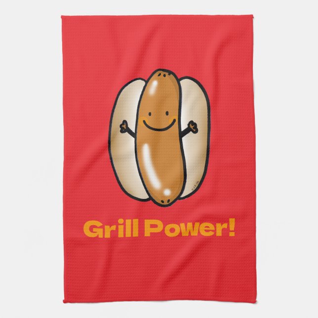 Grilling Hot Dog Cartoon Tea Towel (Vertical)