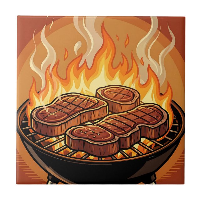 Grilling Steaks BBQ Flames Tile (Front)