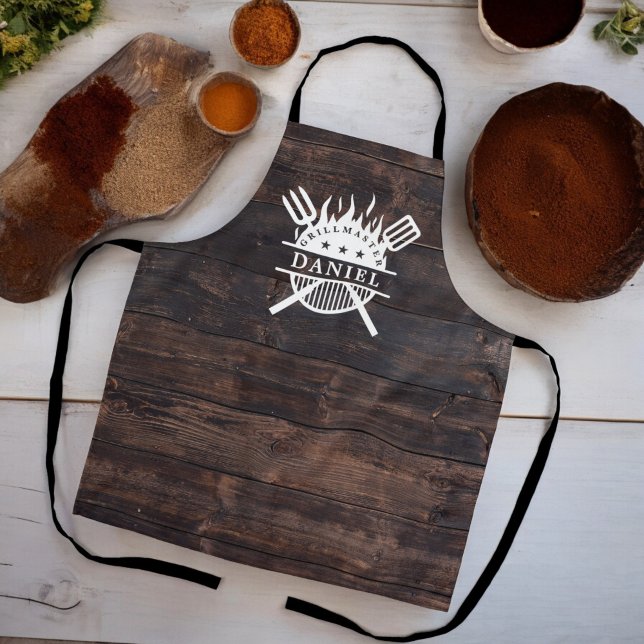 Grillmaster BBQ Rustic Dark Wood Print  Apron (Creator Uploaded)