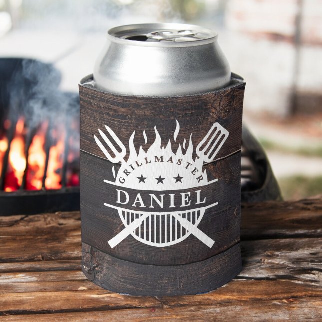 Grillmaster BBQ Rustic Dark Wood Print  Can Cooler (Creator Uploaded)