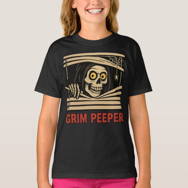 Grim Peeper Funny Skeleton Halloween Pun Tee (Front)
