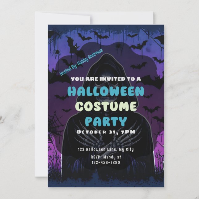 Grim Reaper Bats Purple Blue Halloween Invitation (Front)